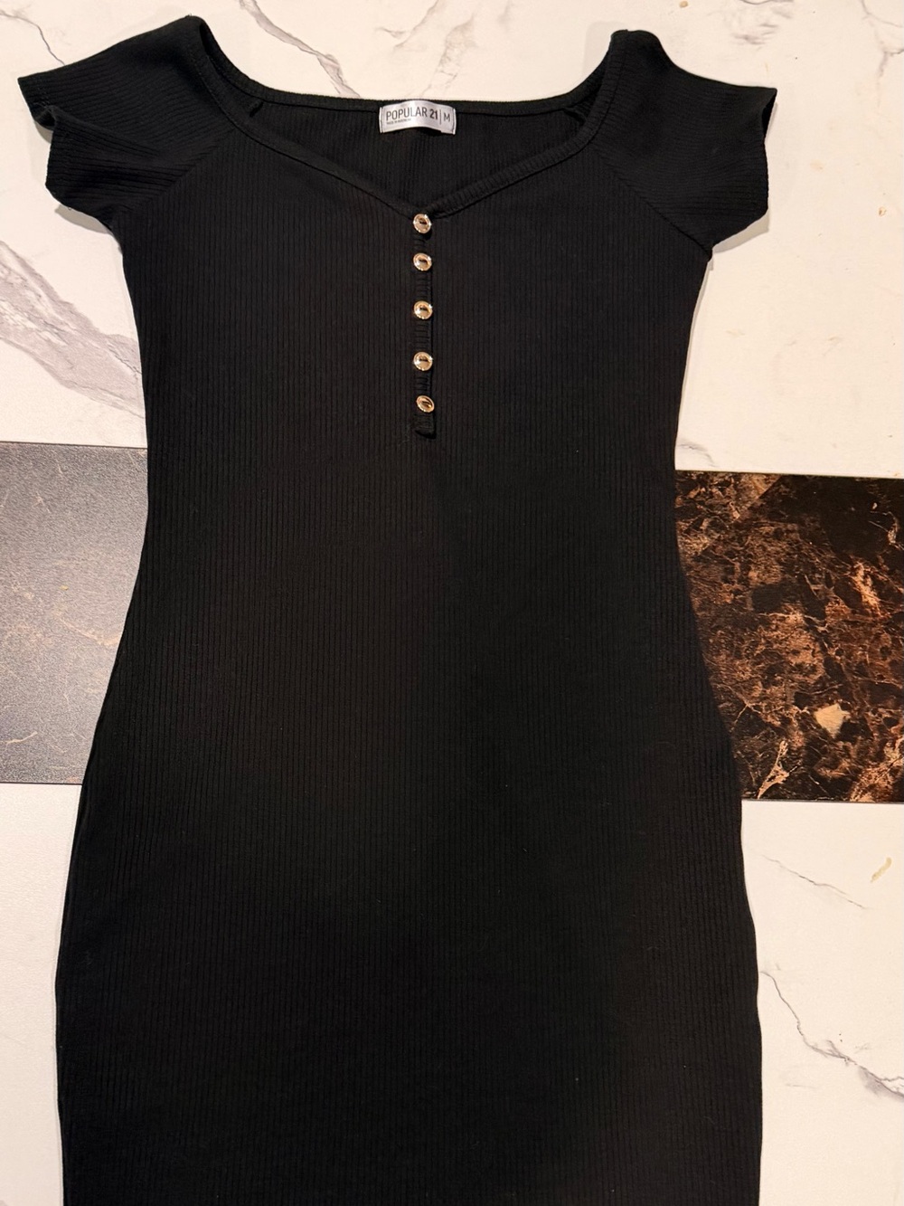 Black Ribbed Short Sleeve Button-Front Dress